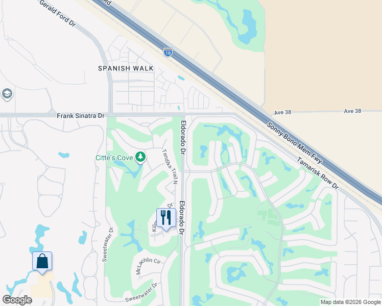 map of restaurants, bars, coffee shops, grocery stores, and more near 38348 Zinnia Lane East in Palm Desert
