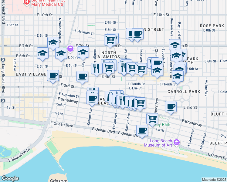 map of restaurants, bars, coffee shops, grocery stores, and more near 1500 East 3rd Street in Long Beach