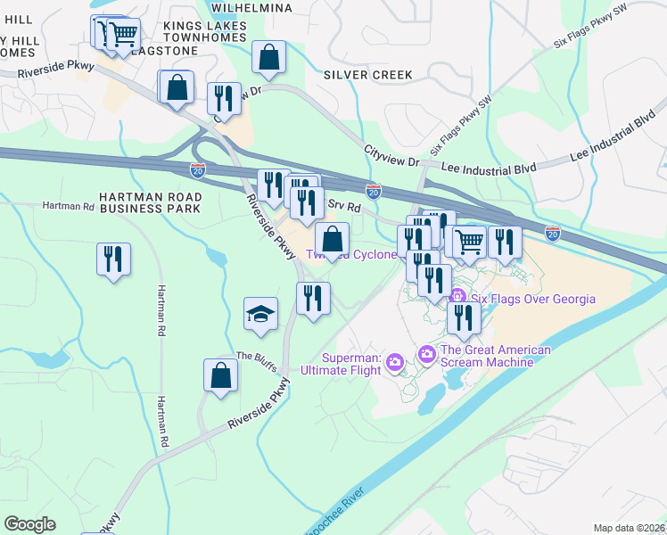 map of restaurants, bars, coffee shops, grocery stores, and more near 1325 6 Flags Drive in Austell
