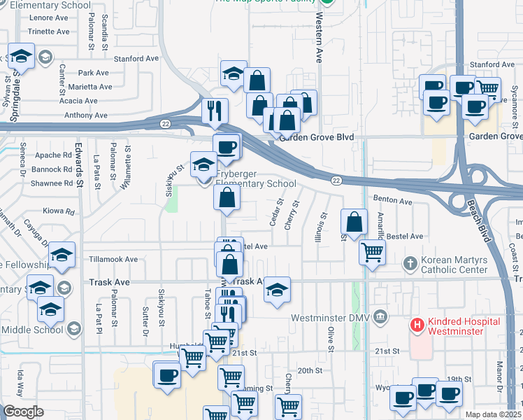 map of restaurants, bars, coffee shops, grocery stores, and more near 7132 Oso Way in Westminster