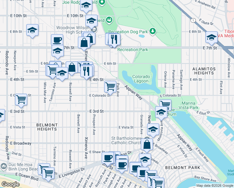 map of restaurants, bars, coffee shops, grocery stores, and more near 4741 East Colorado Street in Long Beach