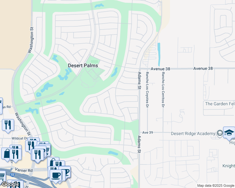 map of restaurants, bars, coffee shops, grocery stores, and more near 38446 Brandywine Avenue in Palm Desert