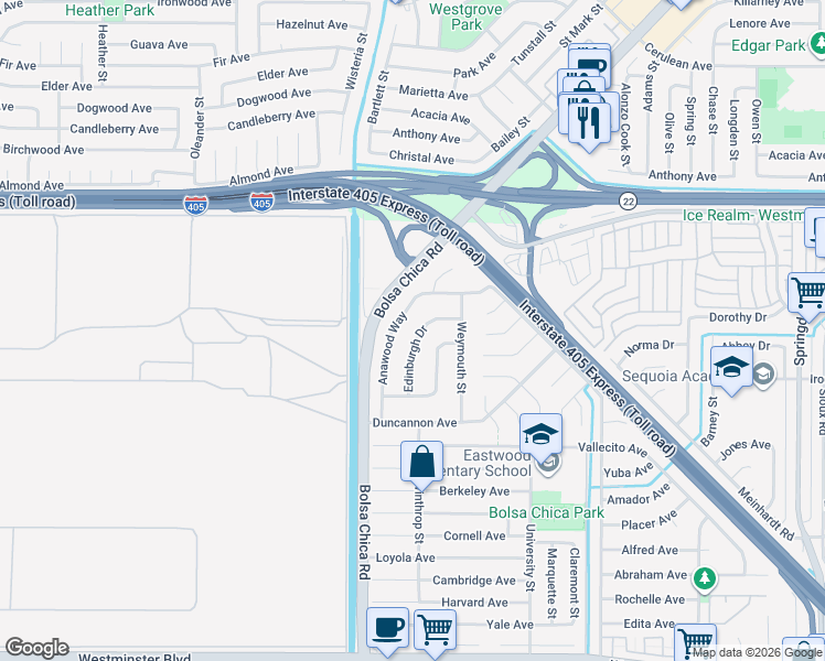 map of restaurants, bars, coffee shops, grocery stores, and more near 13261 Edinburgh Drive in Westminster
