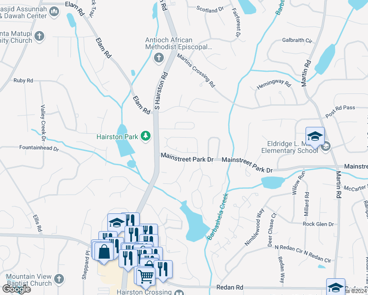 map of restaurants, bars, coffee shops, grocery stores, and more near 868 Ashwood Crossing in Stone Mountain