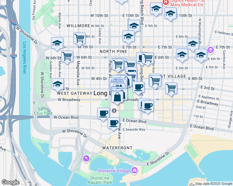 map of restaurants, bars, coffee shops, grocery stores, and more near 203 Pine Avenue in Long Beach