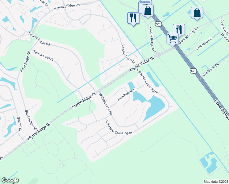 map of restaurants, bars, coffee shops, grocery stores, and more near 132 Wellspring Drive in Conway