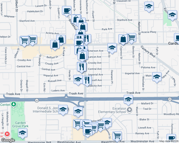 map of restaurants, bars, coffee shops, grocery stores, and more near 10002 Central Avenue in Garden Grove