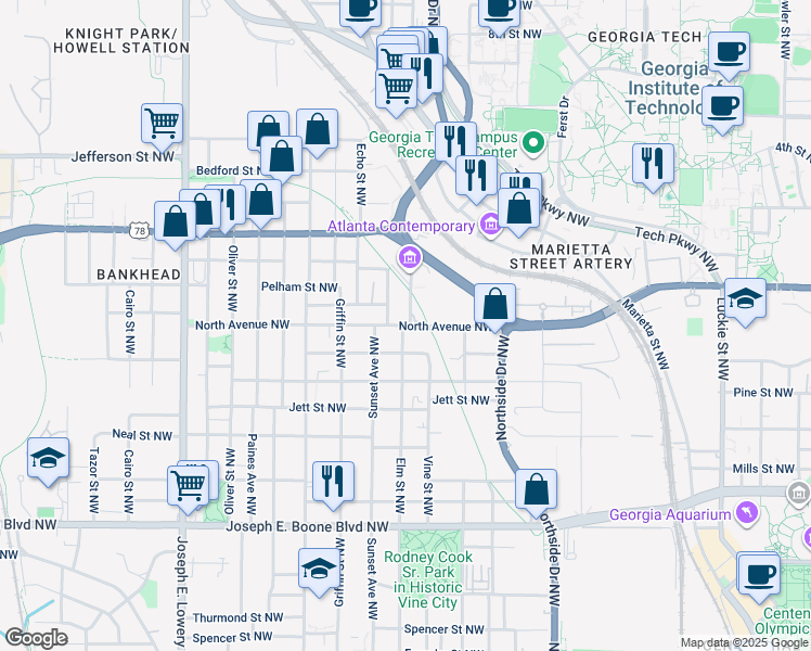 map of restaurants, bars, coffee shops, grocery stores, and more near 647 North Avenue Northwest in Atlanta