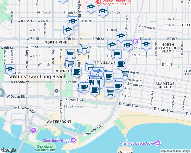 map of restaurants, bars, coffee shops, grocery stores, and more near 237 Linden Avenue in Long Beach