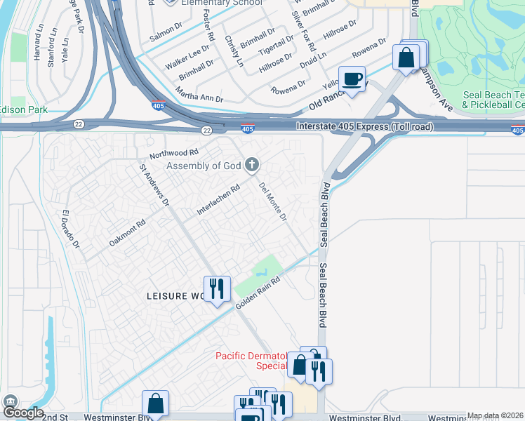 map of restaurants, bars, coffee shops, grocery stores, and more near 13281 Del Monte Drive in Seal Beach