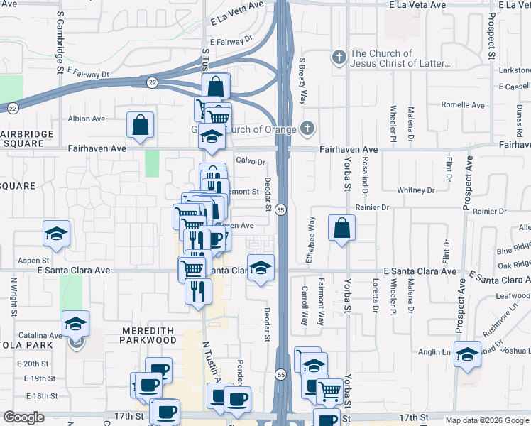 map of restaurants, bars, coffee shops, grocery stores, and more near 2309 Franzen Avenue in Santa Ana