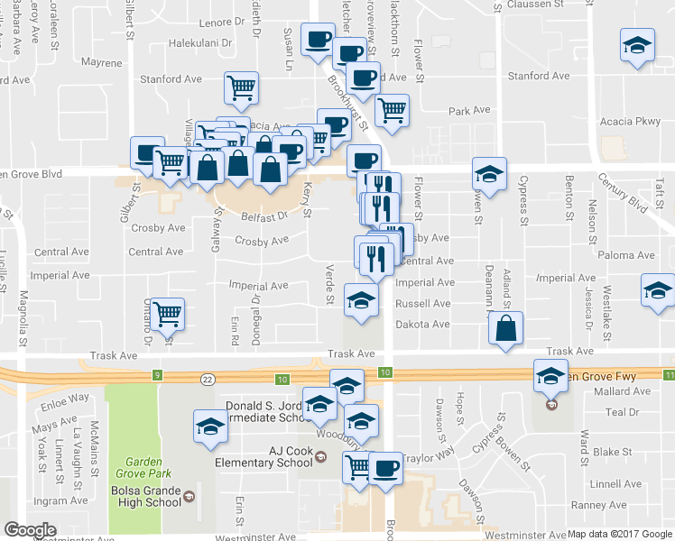 map of restaurants, bars, coffee shops, grocery stores, and more near 13262 Verde Street in Garden Grove