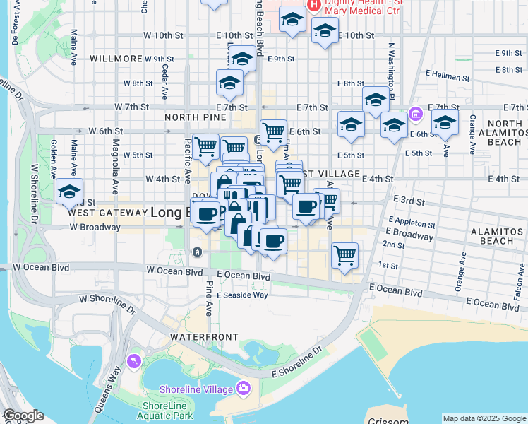 map of restaurants, bars, coffee shops, grocery stores, and more near 150 Long Beach Boulevard in Long Beach