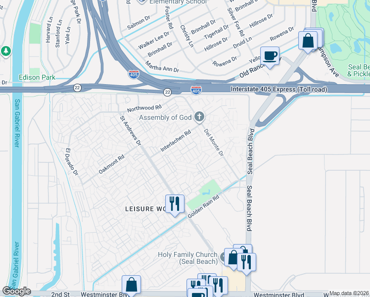 map of restaurants, bars, coffee shops, grocery stores, and more near 13311 Twin Hills Drive in Seal Beach