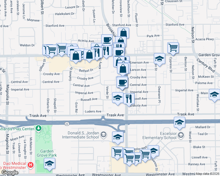 map of restaurants, bars, coffee shops, grocery stores, and more near 13262 Verde Street in Garden Grove