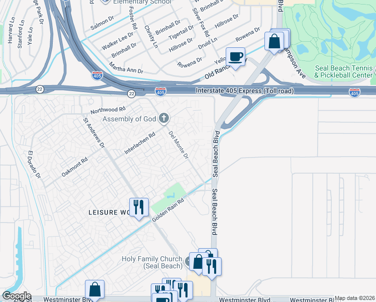 map of restaurants, bars, coffee shops, grocery stores, and more near 1880 McKinney Way in Seal Beach