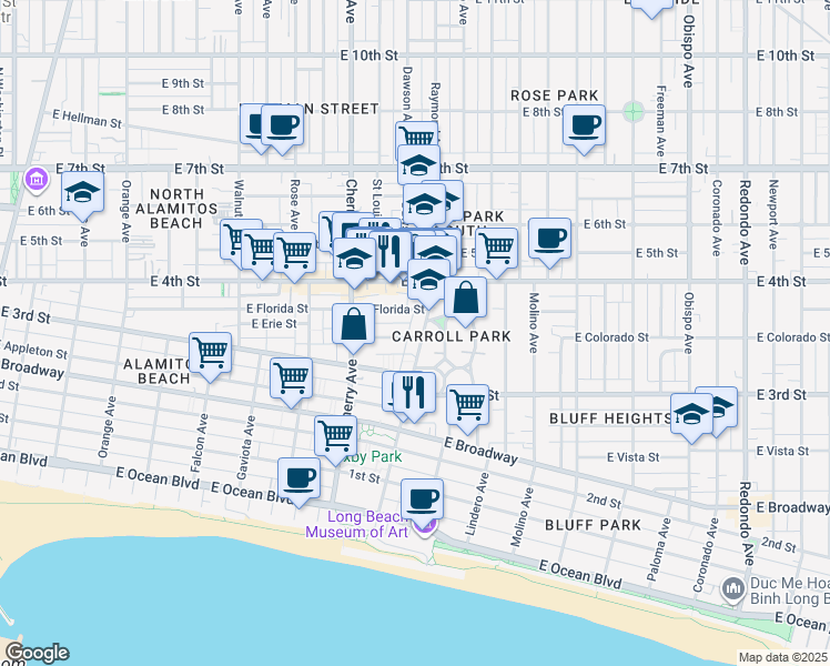map of restaurants, bars, coffee shops, grocery stores, and more near 333 Junipero Avenue in Long Beach