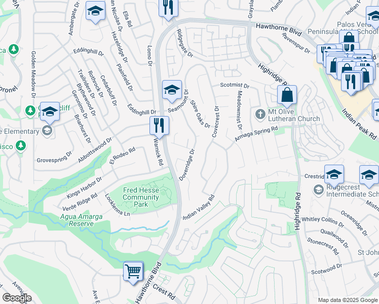 map of restaurants, bars, coffee shops, grocery stores, and more near 6402 Seabryn Drive in Rancho Palos Verdes