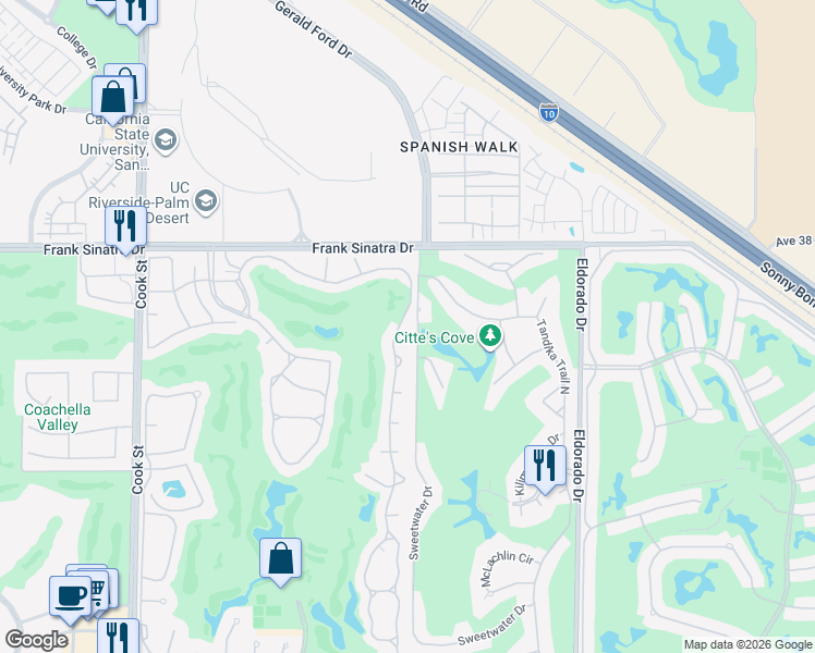 map of restaurants, bars, coffee shops, grocery stores, and more near 378 Desert Falls Drive East in Palm Desert