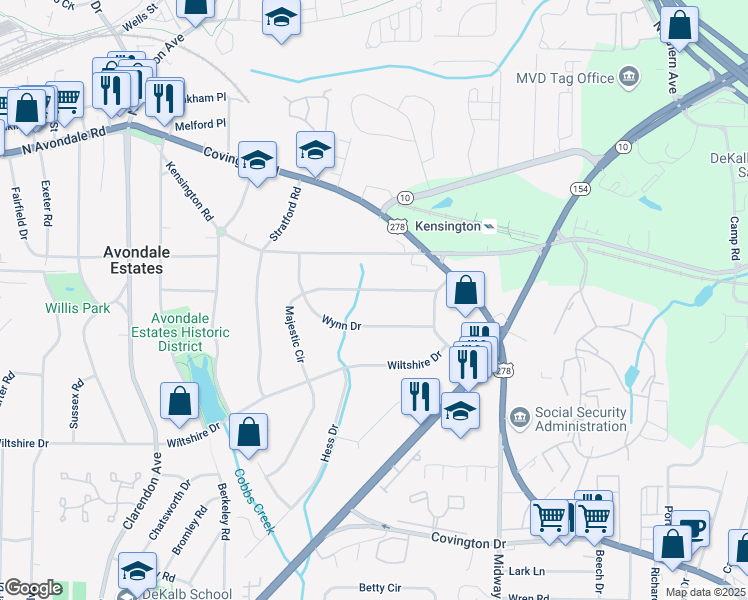 map of restaurants, bars, coffee shops, grocery stores, and more near 3262 Wynn Drive in Avondale Estates