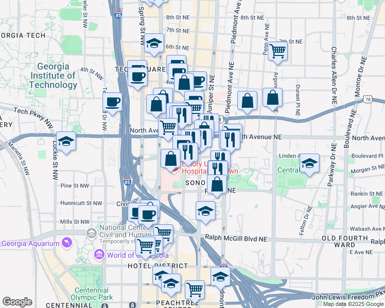 map of restaurants, bars, coffee shops, grocery stores, and more near 555 Courtland Street Northeast in Atlanta