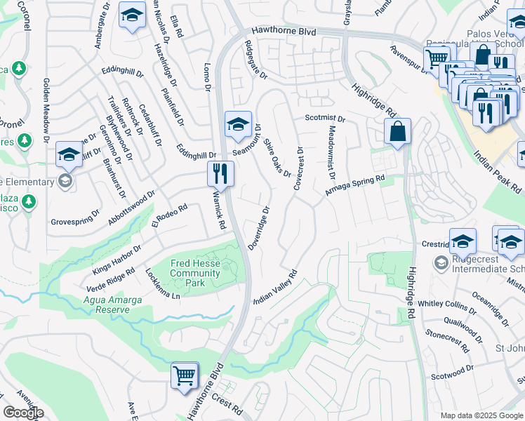 map of restaurants, bars, coffee shops, grocery stores, and more near 6402 Seabryn Drive in Rancho Palos Verdes