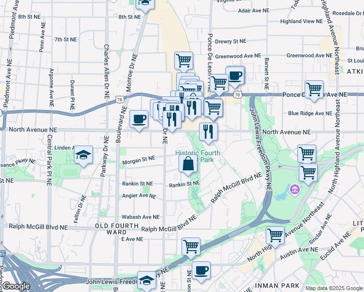 map of restaurants, bars, coffee shops, grocery stores, and more near 641 North Avenue Northeast in Atlanta