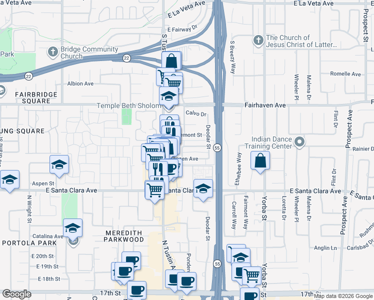 map of restaurants, bars, coffee shops, grocery stores, and more near 2232 East Joana Drive in Santa Ana