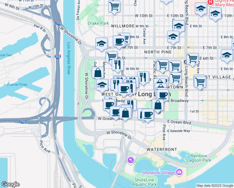 map of restaurants, bars, coffee shops, grocery stores, and more near 275 Magnolia Avenue in Long Beach