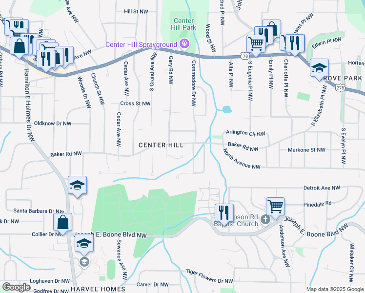 map of restaurants, bars, coffee shops, grocery stores, and more near 2208 Baker Road Northwest in Atlanta