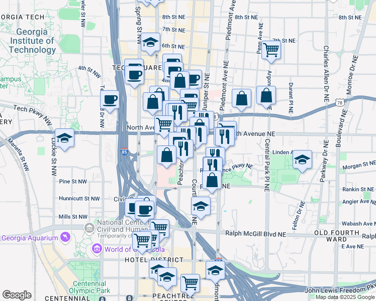 map of restaurants, bars, coffee shops, grocery stores, and more near 565 Peachtree Street Northeast in Atlanta