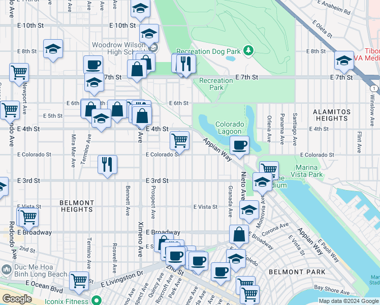 map of restaurants, bars, coffee shops, grocery stores, and more near 4741 East Colorado Street in Long Beach
