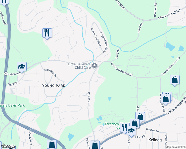 map of restaurants, bars, coffee shops, grocery stores, and more near 1293 Huey Road in Douglasville