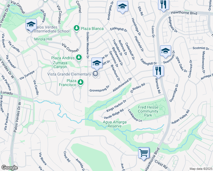 map of restaurants, bars, coffee shops, grocery stores, and more near 6927 Grovespring Drive in Rancho Palos Verdes