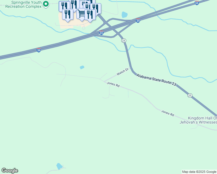 map of restaurants, bars, coffee shops, grocery stores, and more near 1161 Jones Road in Springville