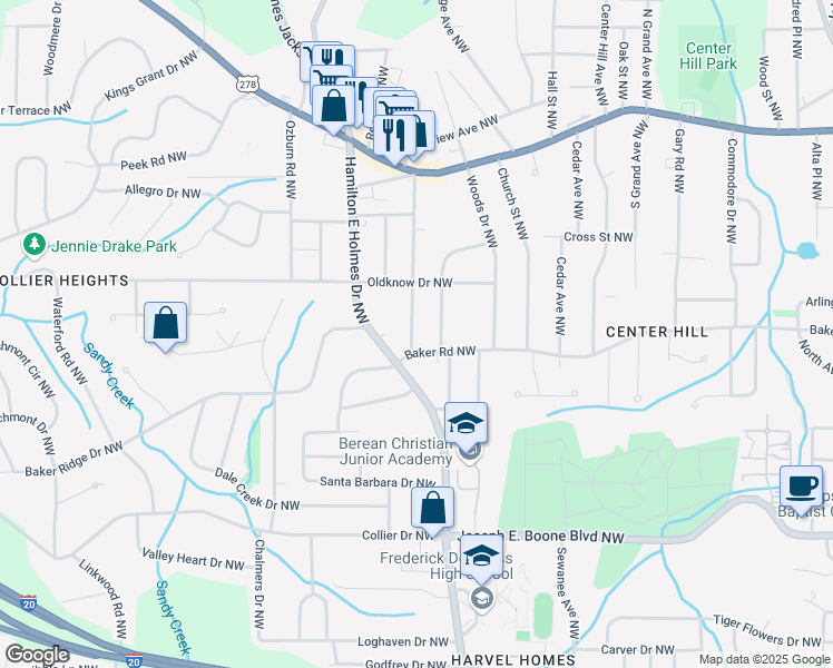 map of restaurants, bars, coffee shops, grocery stores, and more near 553 Commercial Avenue Northwest in Atlanta
