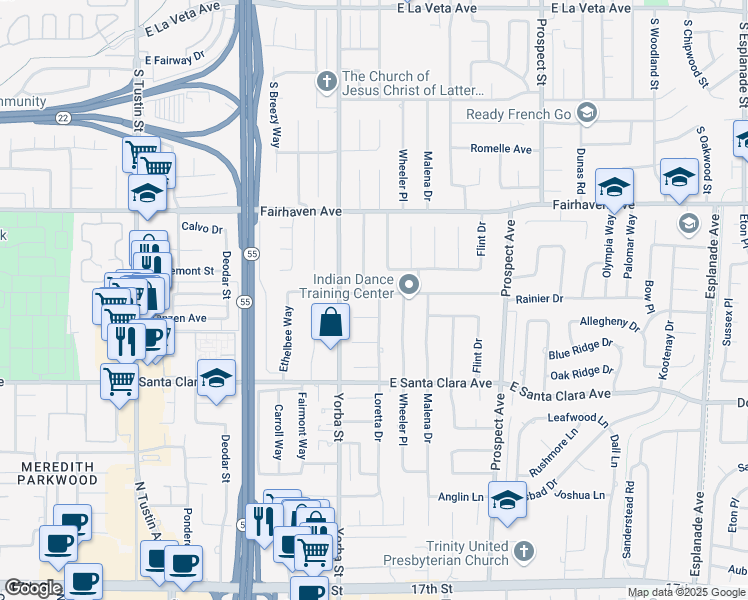 map of restaurants, bars, coffee shops, grocery stores, and more near 17592 Rainier Drive in Santa Ana