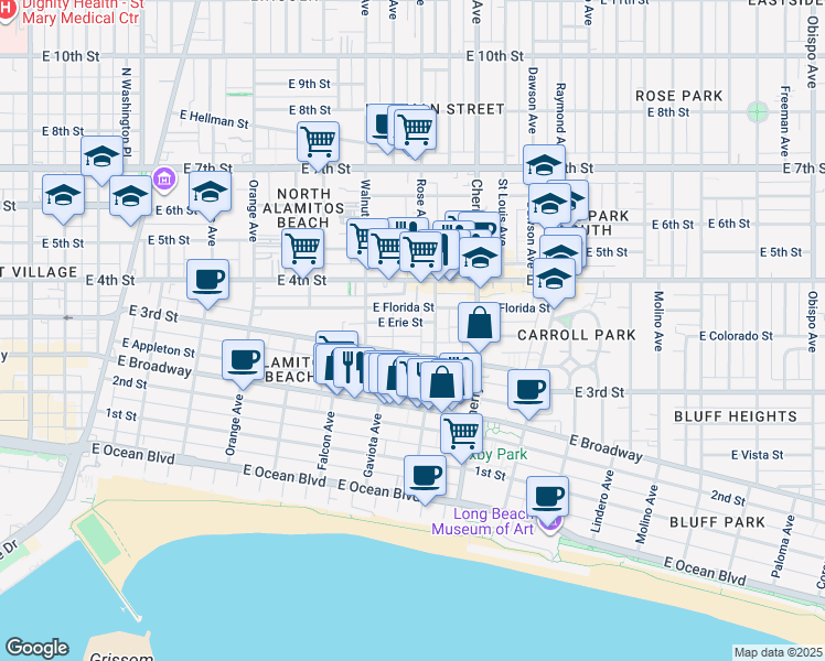 map of restaurants, bars, coffee shops, grocery stores, and more near 1755 East 3rd Street in Long Beach