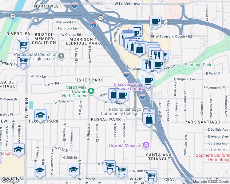 map of restaurants, bars, coffee shops, grocery stores, and more near 2421 Heliotrope Drive in Santa Ana