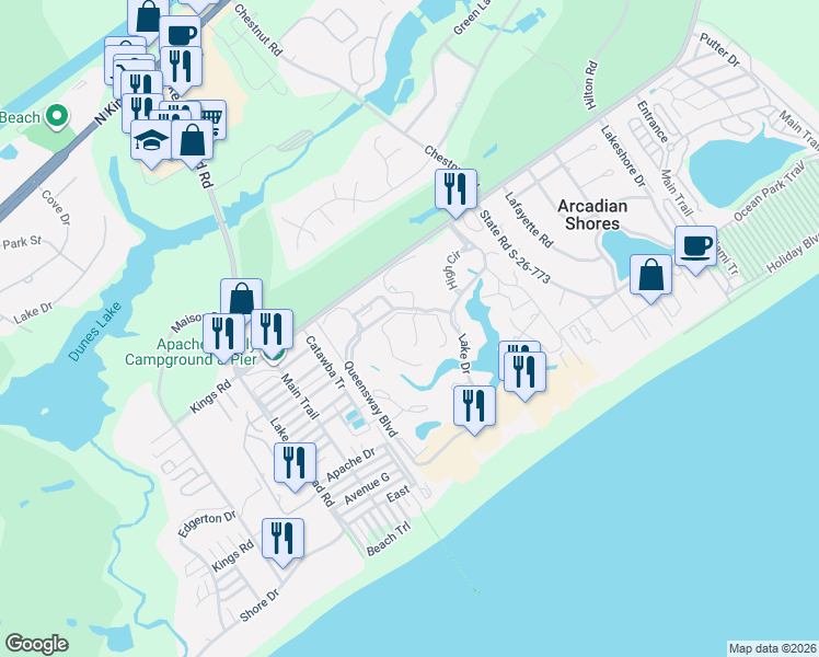 map of restaurants, bars, coffee shops, grocery stores, and more near 200 West Hyde Park in Myrtle Beach