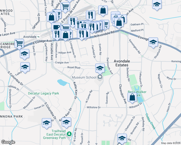 map of restaurants, bars, coffee shops, grocery stores, and more near 2880 Royal Path Court in Decatur
