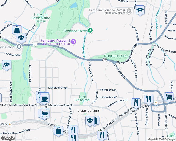 map of restaurants, bars, coffee shops, grocery stores, and more near 582 Lakeshore Drive Northeast in Atlanta
