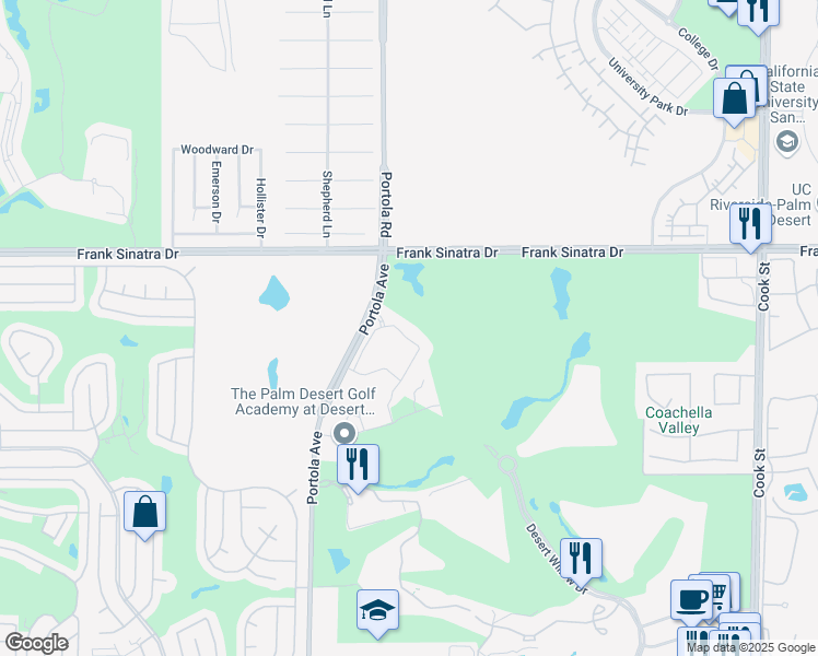 map of restaurants, bars, coffee shops, grocery stores, and more near 302 Retreat Circle in Palm Desert