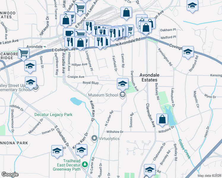map of restaurants, bars, coffee shops, grocery stores, and more near 2880 Royal Path Court in Decatur