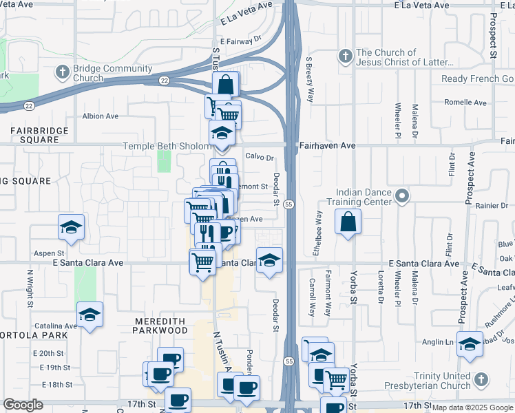 map of restaurants, bars, coffee shops, grocery stores, and more near 2309 Franzen Avenue in Santa Ana