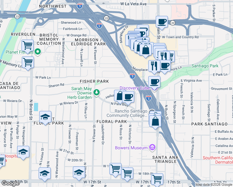 map of restaurants, bars, coffee shops, grocery stores, and more near 2442 Heliotrope Drive in Santa Ana
