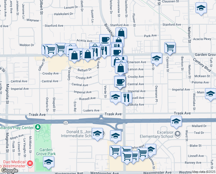 map of restaurants, bars, coffee shops, grocery stores, and more near 13291 Fletcher Street in Garden Grove