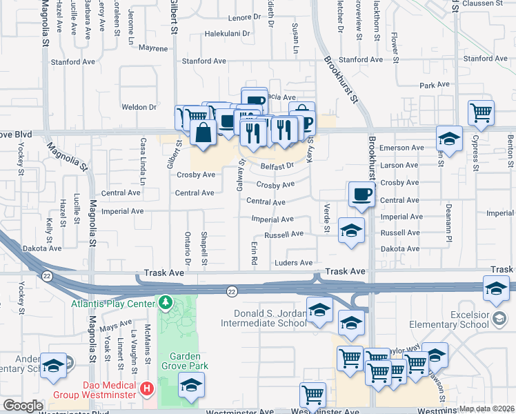 map of restaurants, bars, coffee shops, grocery stores, and more near 9671 Imperial Avenue in Garden Grove
