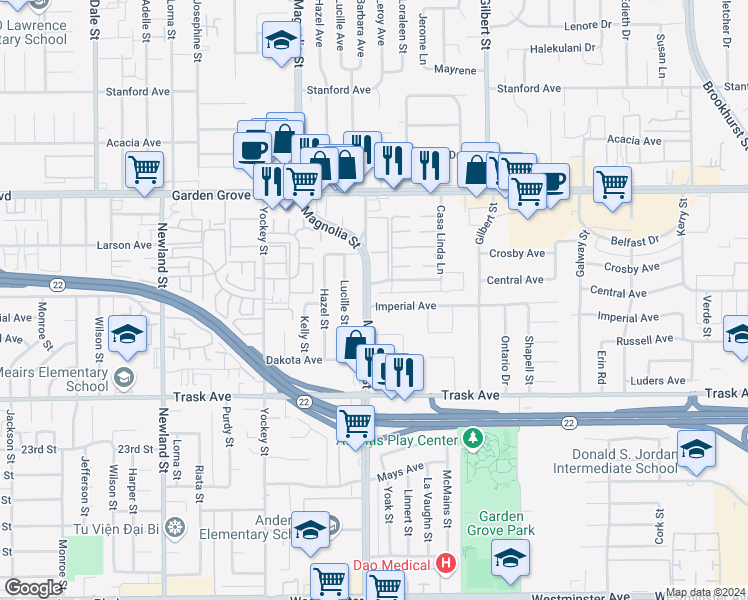 map of restaurants, bars, coffee shops, grocery stores, and more near 9022 Imperial Avenue in Garden Grove