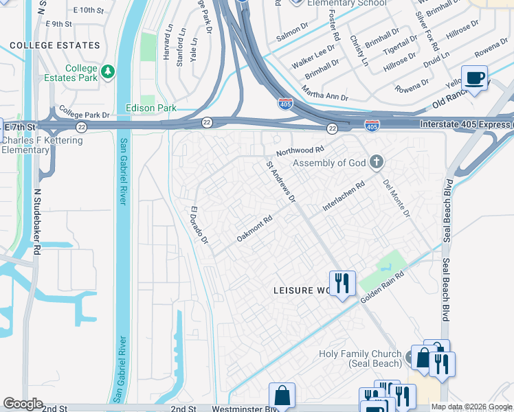 map of restaurants, bars, coffee shops, grocery stores, and more near 1361 Oakmont Road in Seal Beach